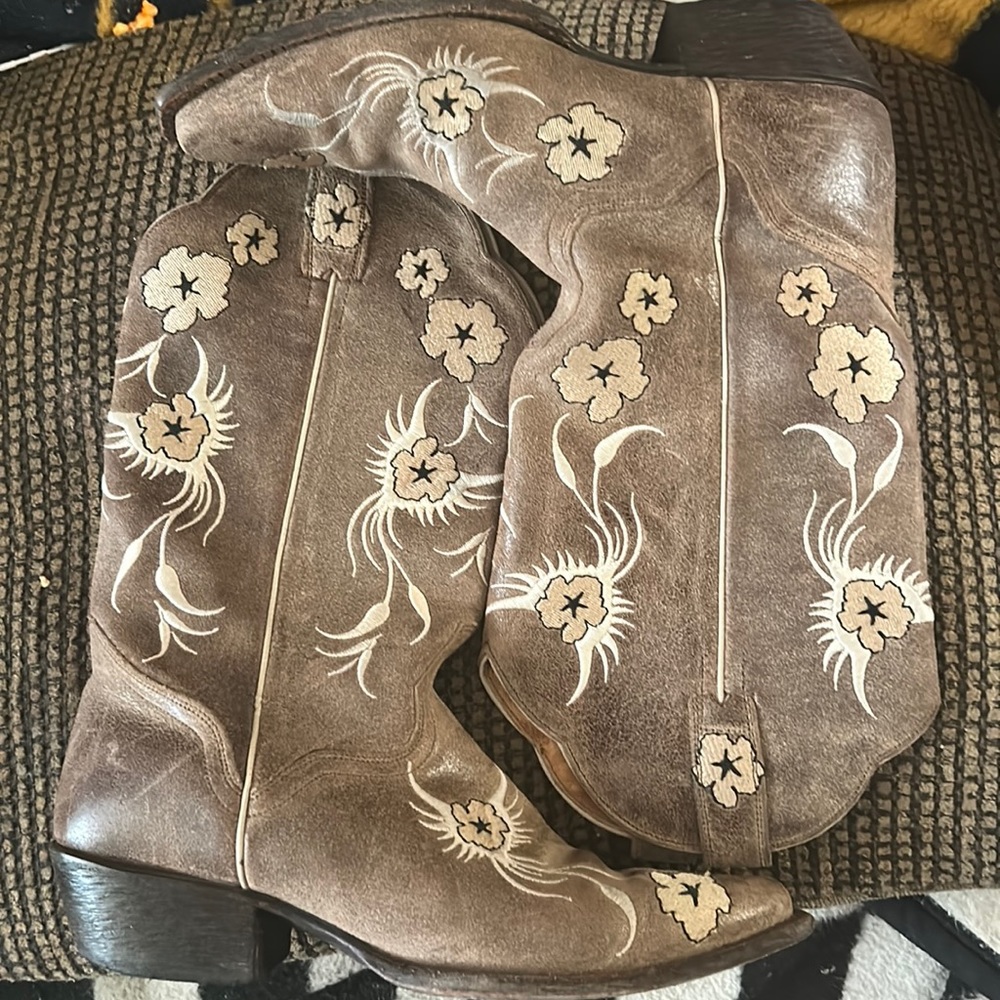 JB Dillon Cowboy Boots Floral Brown Wedding Flowers Embroidered Women's Size 9
